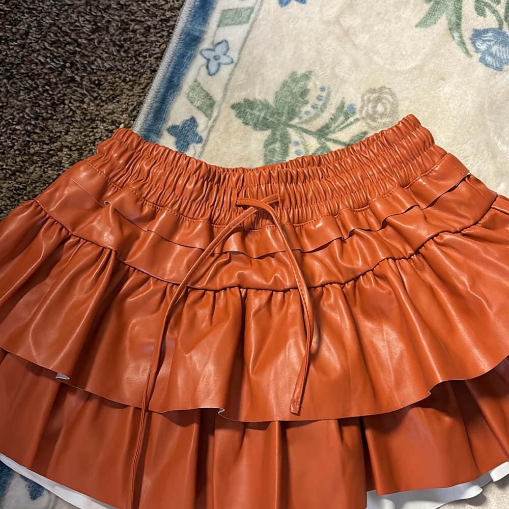 Women's Preppy Orange Ruffled Leather Skirt